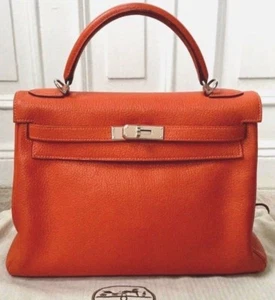 Hermes Kelly 32 Retourne Feu Chevre / Fire Orange Leather Palladium HW Authentic - Picture 1 of 16