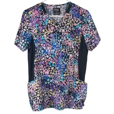 Cherokee Scrub Top Womens Size M iFlex Floral Purple Blue Side Panels Stretch - Image 1 of 4