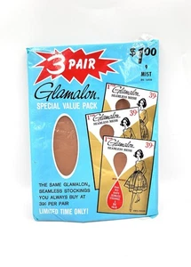 3 Pair Vintage Stockings Glamalon Seamless Mesh Nylons - Size 9 Color Mist - Picture 1 of 2