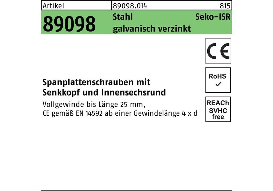 Reyher Spanplattenschraube R 89098 SEKO VG ISR 3 x 16 -T10 Stahl galvanisch v...