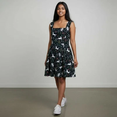 Dangerfield Corduroy Unicorn Mini Dress AU 12 US 8 Black Pinafore Pockets - Image 1 of 4