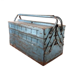 Vintage Blue Metal Cantilever Fold Out Tool Storage Box Tackle Storage - Picture 1 of 10