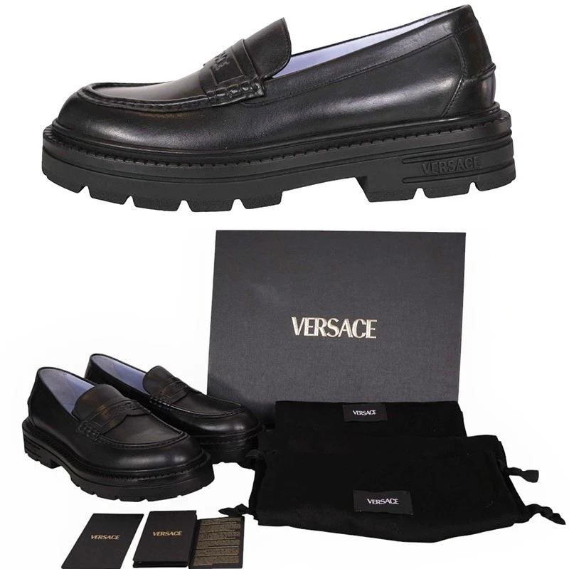 Versace Adriano Logo-Embossed Black Leather Loafers Men Sz 44 (US 11) Authentic