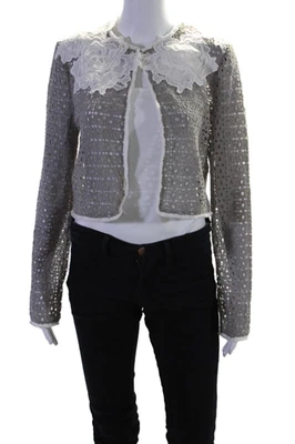 Cárdigan ligero gris talla S Elie Tahari para mujer con textura floral con cordones Foto 1 de 4