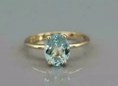 2Ct Oval Cut Aquamarine Diamond Solitaire Engagement Ring 14K Yellow Gold Finish - Image 1 of 4