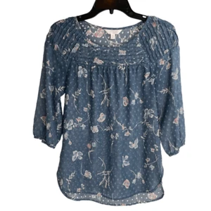 LC Lauren Conrad Blue Chiffon Butterfly Floral 3/4 Sleeve Peasant Blouse Size XS - Picture 1 of 8