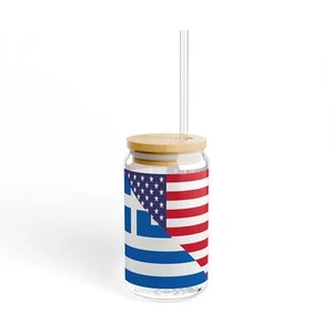 Griechisch Amerikanische Flagge Halb Griechenland USA Sipper Glas, 16oz - Bild 1 von 5