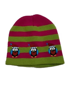 Kids Beanie Green And Pink Striped Embroidered With Penguins - Picture 1 of 7