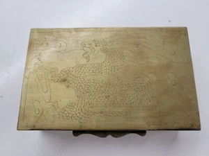 Antique Chinese Brass Keepsake or Humidor Box Incised Dragon Wood Lined - Picture 1 of 10