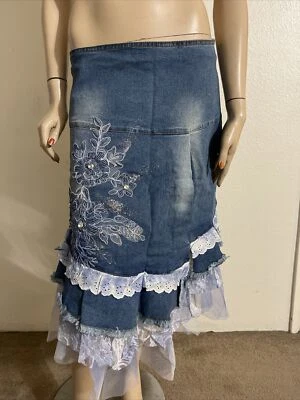 Women’s Blue Denim Cotton Stretch Boho Lace Bead Ruffle Size XL(10-12) Skirt 902 - Image 1 of 4