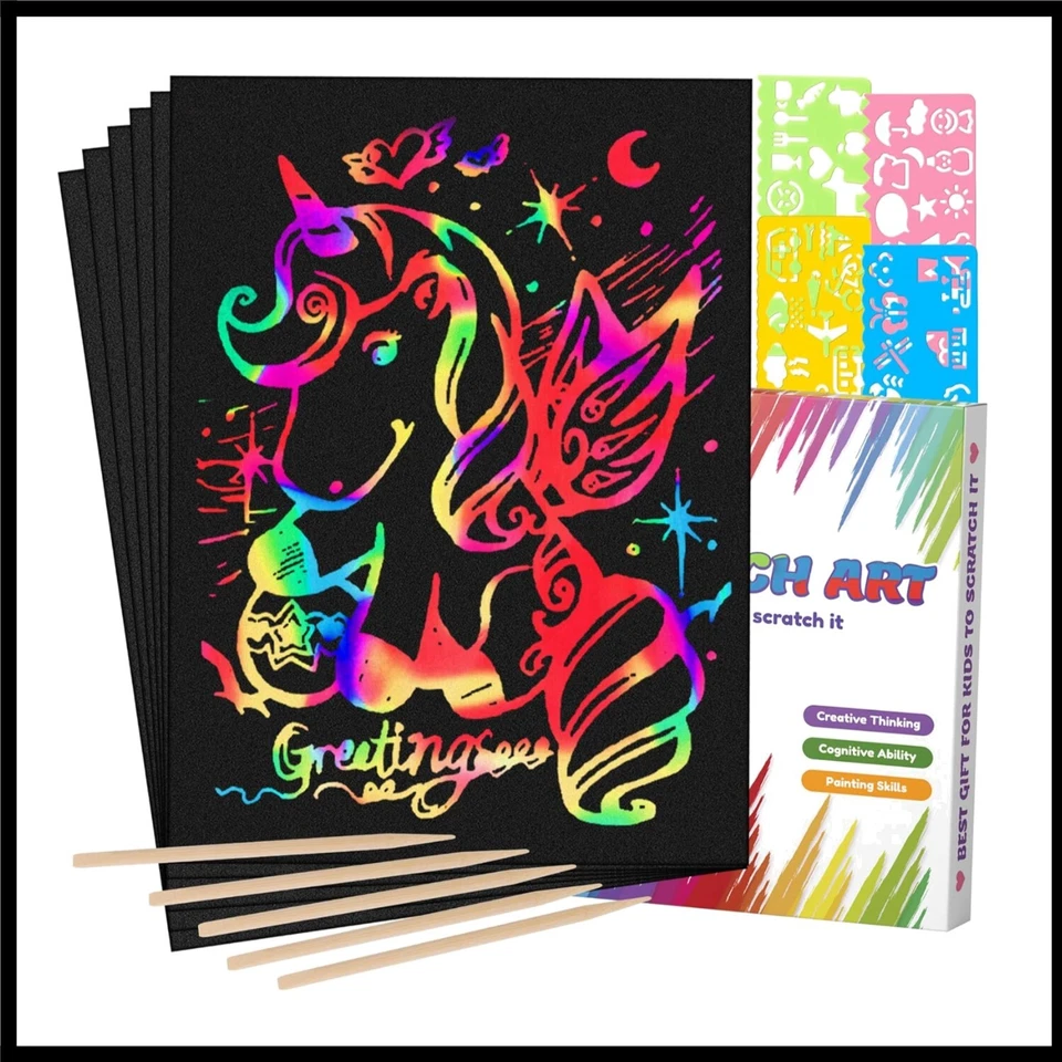 62-teiliges Scratch Art Papier Set für Kinder - Sicheres und tragbares Bastelset - Bild 1 von 1