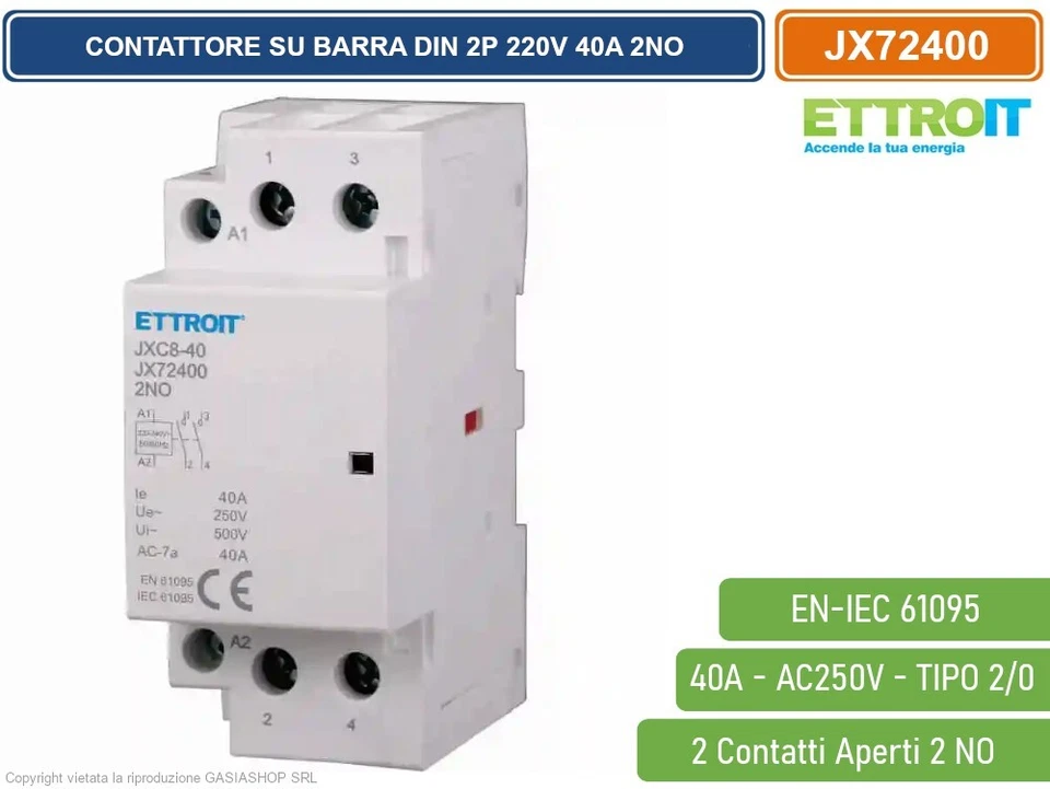 Contattore AC 2P 40A 2NO 250V occupa 2 Moduli DIN Ettroit JX72400