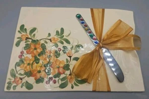 Floral Cheese Platter, Roxie Studio, 11" X 8", Ceramic, Hand Painted. Knife - Picture 1 of 5