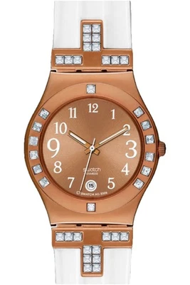 Swatch Swiss Ladies Fancy Me YLG403 Pink Gold & White Watch Rhinestones - Image 1 of 3