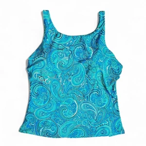 Lands End Tankini Swimsuit Top Womens 16 Blue Green Paisley Padded Shelf Bra - Picture 1 of 6