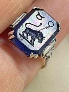 ANTIQUE ART DECO SILVER RING SIZE N BLUE INTAGLIO TAURUS HOROSCOPE - Picture 1 of 12