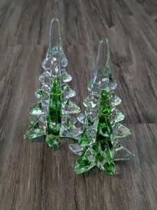 Vintage Clear Green Ribboned Crystal Art Glass 2 Village Christmas Trees 6.25” - Picture 1 of 13