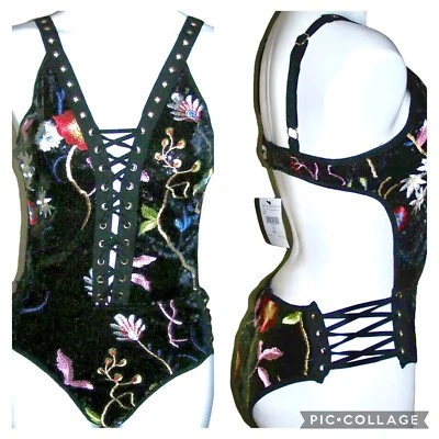 New SEXY Black Sequin Embroidered Floral Monokini One Piece Swimsuit L- XL - Image 1 of 4