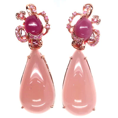 Natürlich 20 X 36 Mm. Pink Chalzedon Rubin Saphir Ohrringe 925 Silber Sterling - Bild 1 von 4