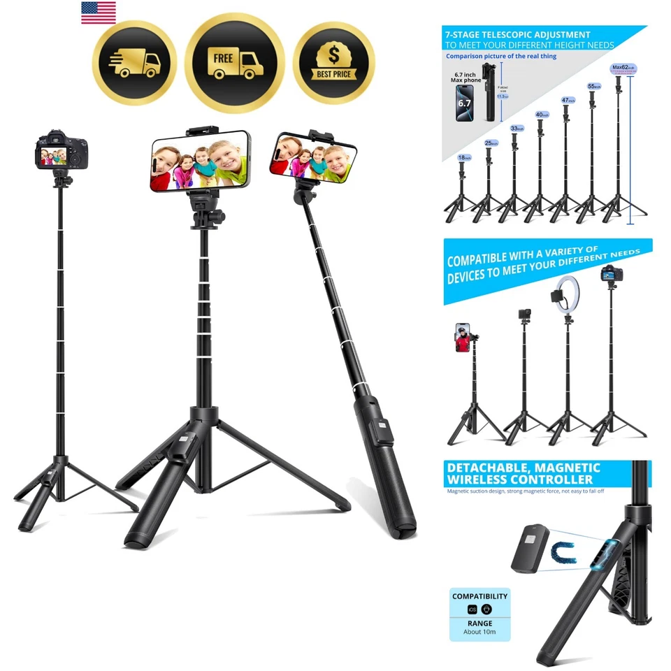 Extendable Selfie Stick Tripod with Remote Smartphone Holder for Travel - Image 1 of 4