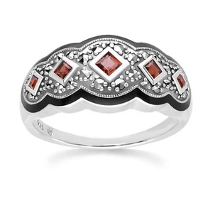 Art Déco Estilo Cuadrado Granate Cinco Piedra Y Marcasita Anillo En Plata de Ley - Imagen 1 de 4