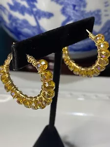 1.5" Hypoallergenic Topaz Colored Glass Bead Hoop Pierced Earrings, Gold Plated - Picture 1 of 5
