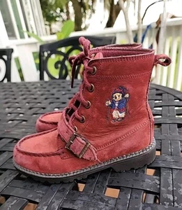 Polo Ralph Lauren Kids Boy´s Ranger High Burgundy Leather Teddy Bear Boots Sz 1 - Picture 1 of 10
