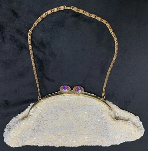 Vtg Purse Micro Glass Bead And Sequins Clutch  Ivory With Aurora Borealis Stones - Picture 1 of 12