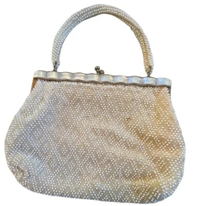 Vintage 1960s Ivory Beaded Purse Mother of Pearl? Top Handle Handbag Hong Kong - Picture 1 of 12