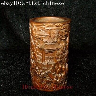 H 4in Old Chinese Boxwood Hand Carved Hakka Abode Sights People Statue Brush Pot • 70.80£