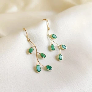 Leaf Shape Danglers Emerald Drop Earrings Dainty Jewellery Solid 14k Yellow Gold - Picture 1 of 5