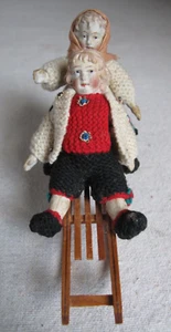 Antique 3 1/2" German All Bisque Jointed Doll Sled Crochet Christmas Clothes Pr. - Picture 1 of 9