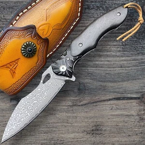 Damascus Steel Folding Knife – VG10 Core Blade – Ebony Handle – Pocket EDC Knife - Picture 1 of 7