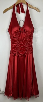 Ruby Rox Red Satin Halter Dress Sz M Ruched Bodice Party Cocktail Dance Women’s - Image 1 of 4