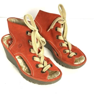 Fly London Sandals Size 38 Platform Slingback Orange Red Leather Wedge Peep Toe - Picture 1 of 13