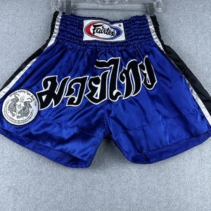 Fairtex Muay Thai Boxing Shorts Medium Blue Black Thai Script Tiger Patch Fight - Picture 1 of 10