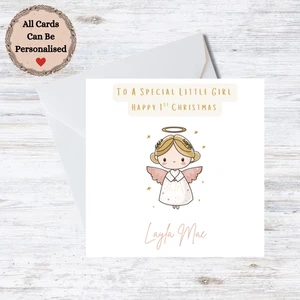 Personalised 1st Christmas Card - Cute Angel Girl - Customisable Name - Picture 1 of 3