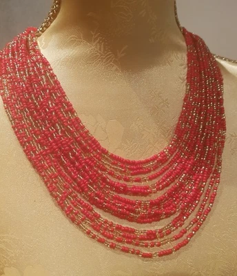 UKRAINE Mehrreihige Glasperlen Rocailles HALSKETTE Damenkette KETTE rot/gold NEU - Bild 1 von 4