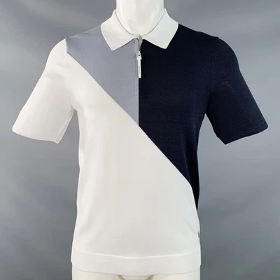 REISS TALLA S Blanco Azul Marino Bloque Color Mezcla Lana Jersey Cremallera Polo - Imagen 1 de 4