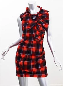 SEE BY CHLOE Womens Red Plaid Ruffles Key Hole Sleeveless Above-Knee Dress 4 NEW - Picture 1 of 11