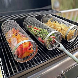 2Pcs Rolling Grill Basket BBQ Net Tube Tool W/ Mesh Cover Removable Accessories - Picture 1 of 12