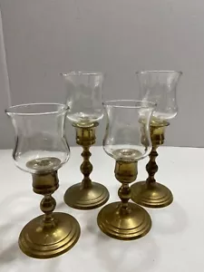 4 Brass Candlesticks Candleholders with Rounded Base and Glass Votives - Picture 1 of 11