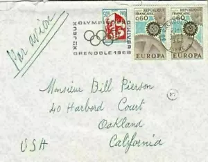 1968 France #1142, #1179(2) w slogan cancel on cover to Oakland CA; Olympic *d - Picture 1 of 2