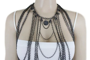 Hot Women Black Body Metal Chain Jewelry Set Fashion Long Harness Necklace Coins - Picture 1 of 12