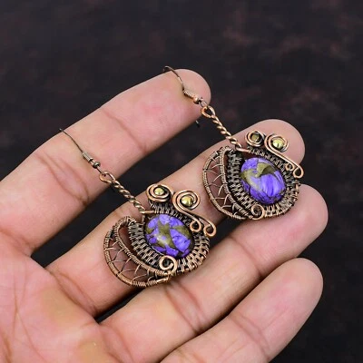 Natural Copper Charoite No Stone Copper Dangle Drop Art Deco Earrings Jewelry - Image 1 of 4