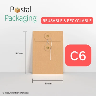 C6 (162x114mm) Brown Manilla String & Washer Envelopes Button Tie Fast Delivery - Image 1 of 4