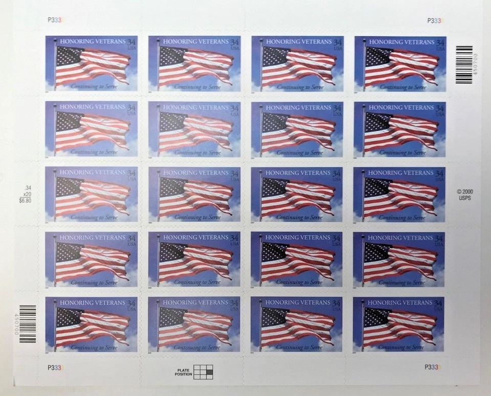 US Sheet 34¢ Stamps (20) HONORING VETERANS c 2000 MNH #3508 - Image 1 of 1