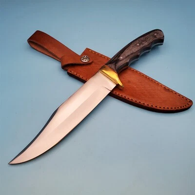 Fixed Blade Bowie Knife Gray Wood Handle 12.25"x7.25" Hunter Leather Belt Sheath - Image 1 of 4
