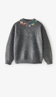 ZARA GIRLS CUTE FLORAL SWEATER WITH SEQUINS GREY SZ 8/9 NEW - Image 1 of 3