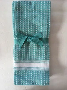 Turquoise Blue Aqua White Kitchen Towels Set Of 3 Matches KitchenAid - Picture 1 of 3